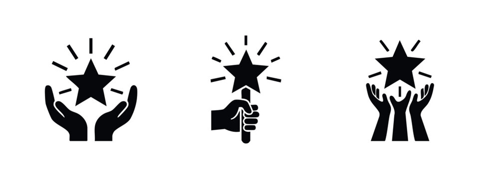 Set of black icons representing success, quality, and magic, featuring hands holding and reaching for shining stars on a white background.