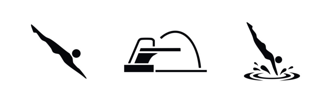 Set of minimalist black icons representing diving, featuring a diver in mid-air, a diving board, and an entry splash into water.