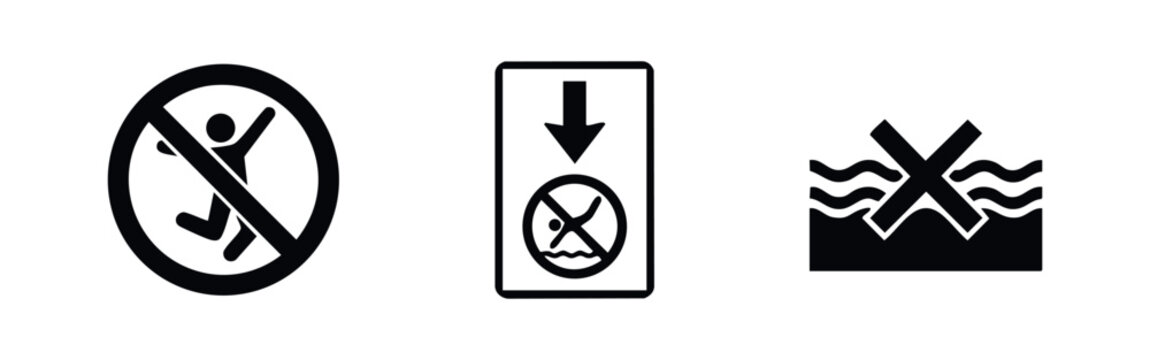 Set of three black and white water safety icons featuring warning symbols for no jumping, no diving, and no swimming to ensure public safety.