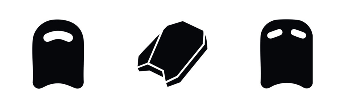 Black silhouette icons of swimming kickboards and bodyboards isolated on white background. Flat vector illustration for water sports and training.