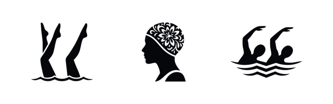 Set of three black and white silhouettes representing artistic swimming, featuring synchronized swimmers' legs, a decorative swim cap, and a duet.