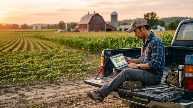 Farmer using tablet in pickup truck at sunset on crop field with modern farming