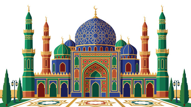 Illustrated mosque with domes and minarets in colorful geometric pattern design
