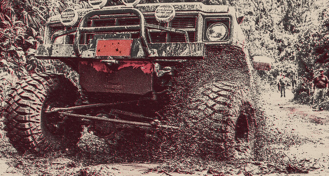 car rally 4x4 mud run vintage poster half tone poster effect oldschool old