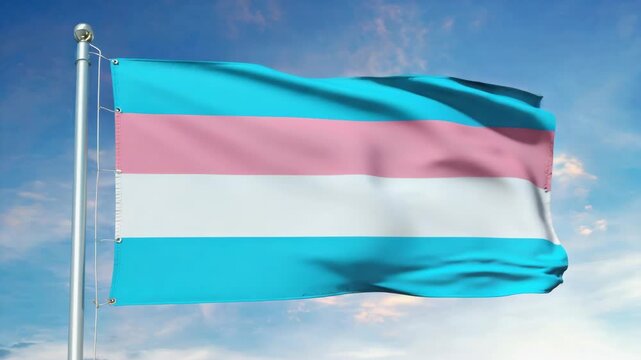 Transgender flag waves gently in clear blue sky. Bright clouds drift softly behind the flag. Colorful stripes flutter with natural breeze movement. Flagpole stands tall, steady against open sky