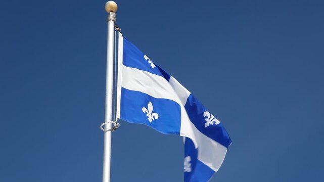 Flagge mit Fleur-de-Lys der Provinz von Qu&eacute;bec in Kanada vor blauem Himmel, Handkamera