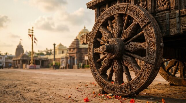 Detailed Close-up of Massive Ornate Wooden Chariot Wheels with Intricate Traditional Carvings during Ratha Yatra Festival under Warm Golden Sunlight
