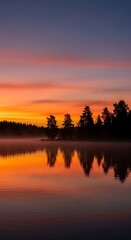 Fototapeta premium Vibrant Forest Silhouette Reflecting on Calm Lake at Colorful Sunset
