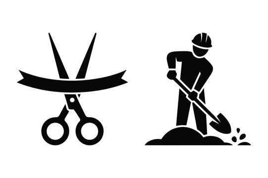 Ribbon cutting ceremony and construction worker digging icon set with scissors