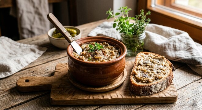 Smalec z Boczniak&oacute;w z Domowym Chlebem. Elegancka, roślinna interpretacja tradycyjnego smalcu &ndash; gładka pasta z boczniak&oacute;w, jabłka i cebuli, podana w glinianym garnuszku. Obok kromka domowego chleba
