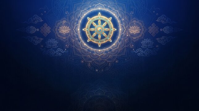 Chokhor Duchen Banner Wallpaper with Blue Gradient Background, Elegant Mandala Patterns, and Glowing Light Accents for Buddhist Celebration