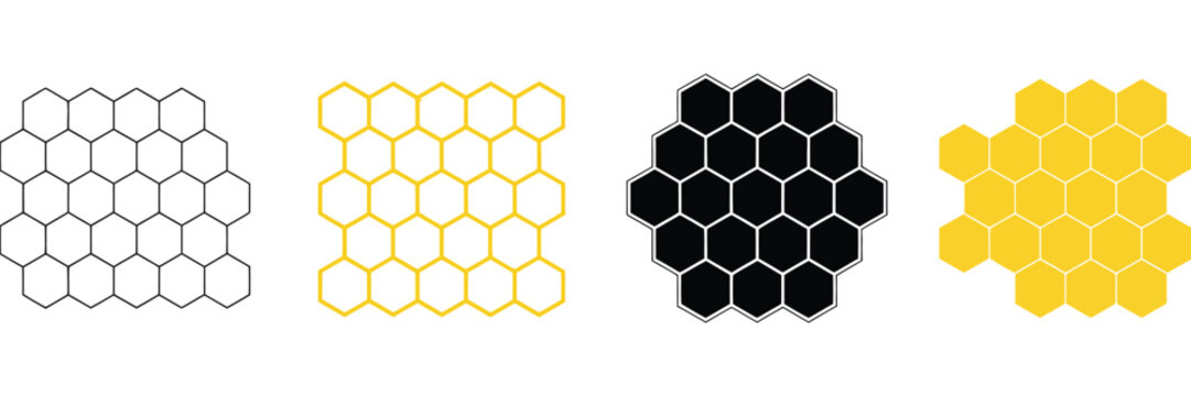 Bee honeycomb set with hexagon hive structure, honey bee elements, and natural beekeeping symbols representing ecology,