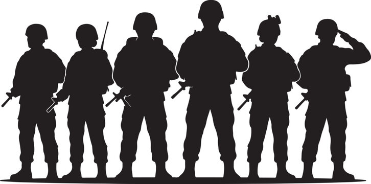 US Military Soldiers Silhouette Set &ndash; American Army Troops Standing in Formation with Weapons