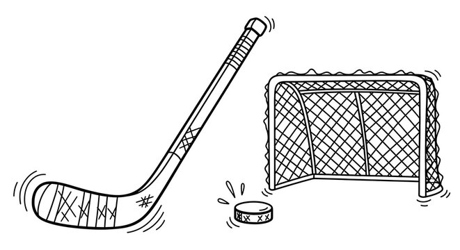 Hand Drawn Hockey Stick Puck and Goal Net Arranged on White Background
