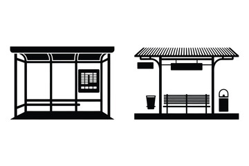 Public transport bus stop shelter and bench silhouette vector illustration © Laboni