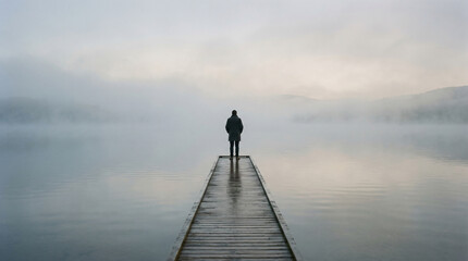 Fototapeta premium Solitary Person Standing on Wooden Pier Over Foggy Lake