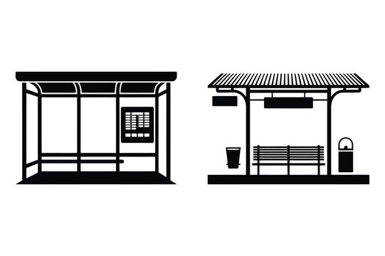 Public transport bus stop shelter and bench silhouette vector illustration