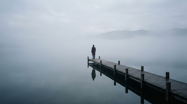 Solitary Person Standing on Wooden Pier in Foggy Lake Landscape