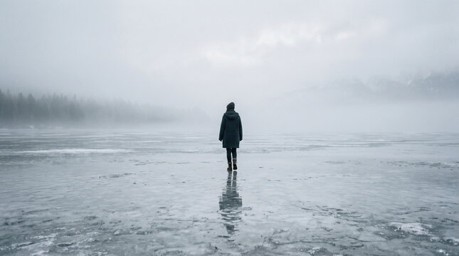 Solitary Person Walking Across Frozen Lake in Foggy Winter Landscape