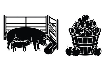 Pig and piglet in pen with feeder and basket full of apples, livestock © Sadek