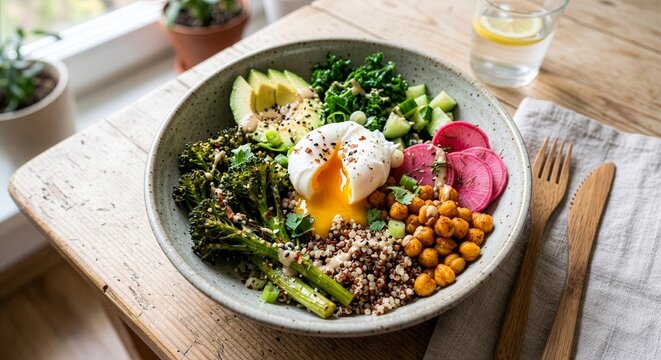 A healthy Buddha bowl filled with quinoa, roasted broccolini, chickpeas, and fermented radishes. Topped with a poached egg with a runny yolk.
