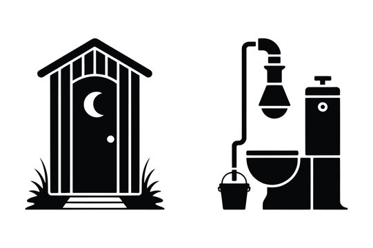 Outhouse and indoor toilet plumbing icons set with outhouse plumbing bathroom