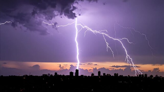 Lightning strikes over city skyline at dusk.