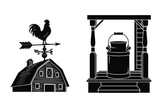 Barn with weathervane and milk can by well countryside agriculture direction