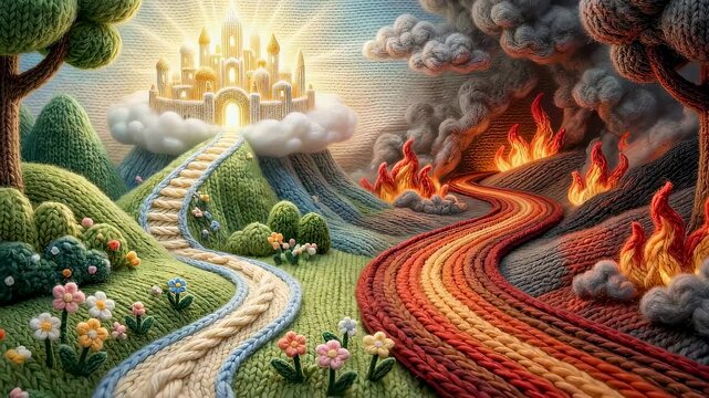 Knitted landscape showing heaven and hell as a biblical metaphor. Golden city on clouds and fiery path in a textile craft style for christian religion concept.