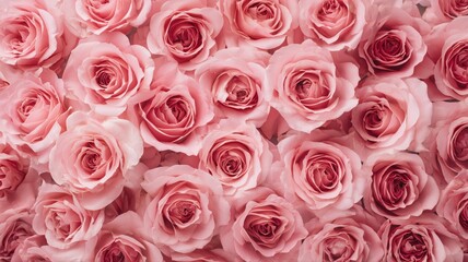 Naklejka premium ピンク色のバラの花が密集して咲いている状態。背景や装飾、ギフト用途の素材に適した花のクローズアップ。