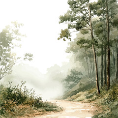 Foggy Forest Path, vibrant watercolor vector, isolated on a white background, high quality and detailed design. © teralis