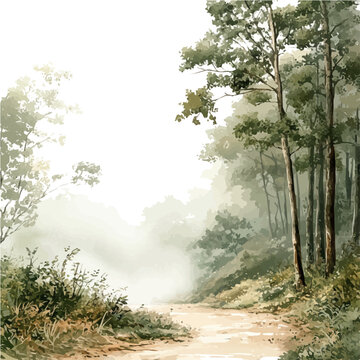 Foggy Forest Path, vibrant watercolor vector, isolated on a white background, high quality and detailed design.
