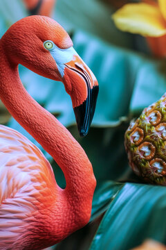 A pink flamingo stands amidst bright yellow pineapple and colorful flowers vertical frame