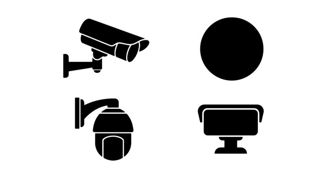 Security Camera Icons, Surveillance System Vector Graphics, CCTV Equipment Silhouettes, Monitoring Technology Set
