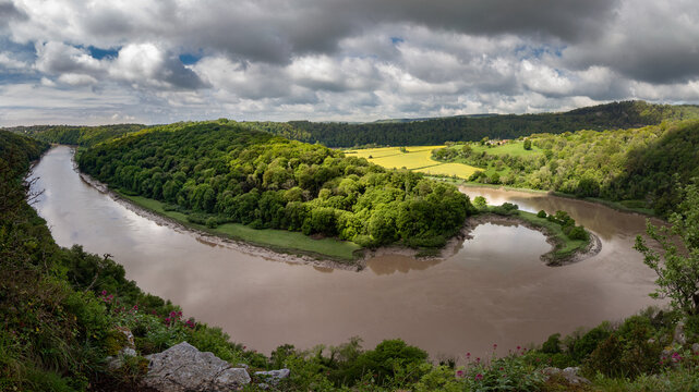 Wide panoramic view of the River Wye winding through Lancaut Valley from Wintour's Leap