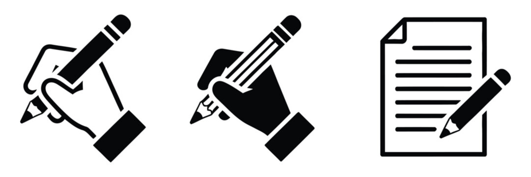 Clipboard and pencil writing icons featuring hand holding pencil, note taking, checklist, and documentation symbols