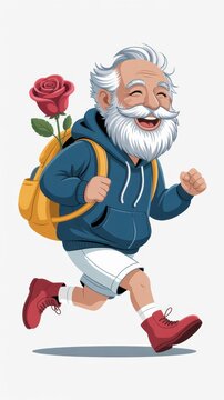 Smiling elderly man jogging with backpack and rose in cheerful active lifestyle scene on light background
