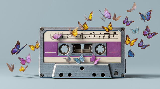 Cassette recorder with musical notes transforming into butterflies, symbolic visual of music freedom