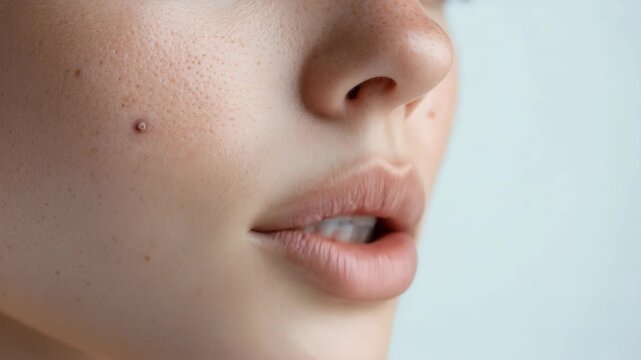 Woman with acne and freckles on her skin, showcasing beauty beyond perfection. Natural complexion, no makeup visible.