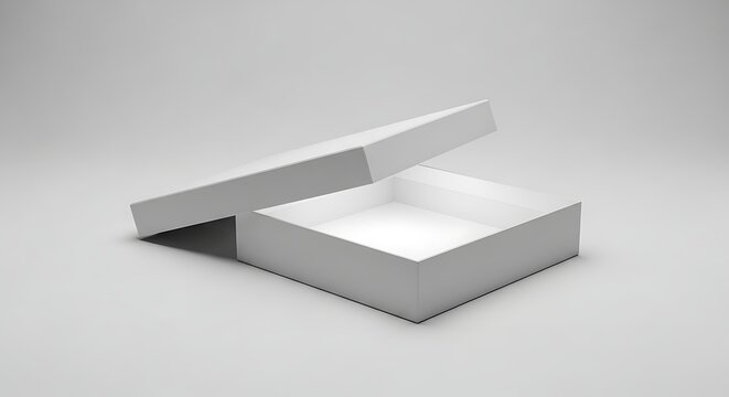 An open white cardboard box on a plain gray background for packaging or storage needs