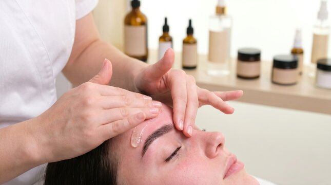 Esthetician massaging a clear soothing gel into the forehead and eyebrows of a relaxed woman