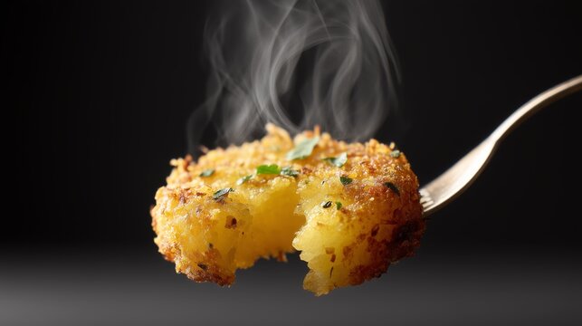 Extreme close up of crispy potato pancake with melted butter and soft inside