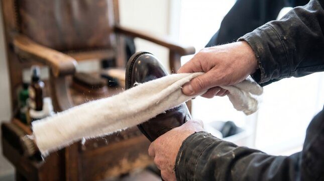 Close up of a cobbler shining a brown leather shoe with a polishing cloth in a workshop