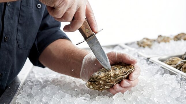 Chef hands wearing gloves opening a fresh oyster with a shucking knife on a bed of ice