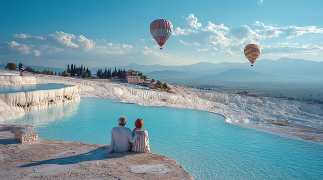 Romantic Couple at Pamukkale Turkey Thermal Travertines Travel Destination Background