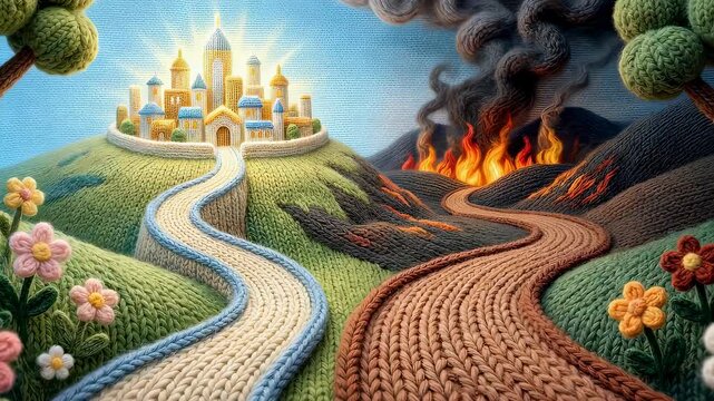 Knitting city on hill alongside burning land. Christian concept of heaven and hell path. Biblical story of choice between holy light and dark fire craft style.