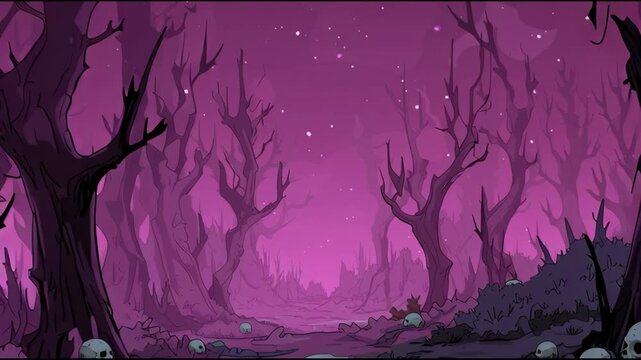 Travel through a dark forest with eerie trees and scattered skulls as night begins to fall. Dark colors and shapes create a haunting atmosphere.