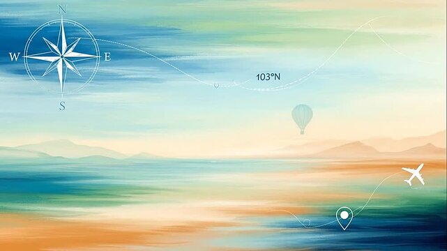 aerial view of landscape with compass and hot air balloon.