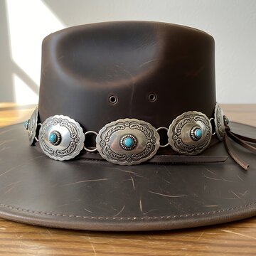 Dark Brown Leather Cowboy Hat with Silver Turquoise Conchos on Wooden Table