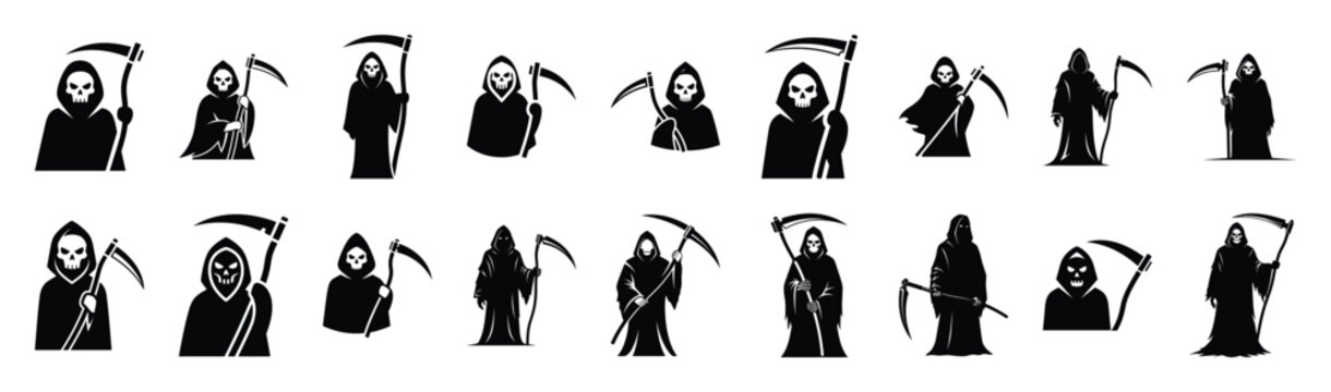Large collection of  grim reaper silhouette icons. Big set of Halloween Vector illustration.